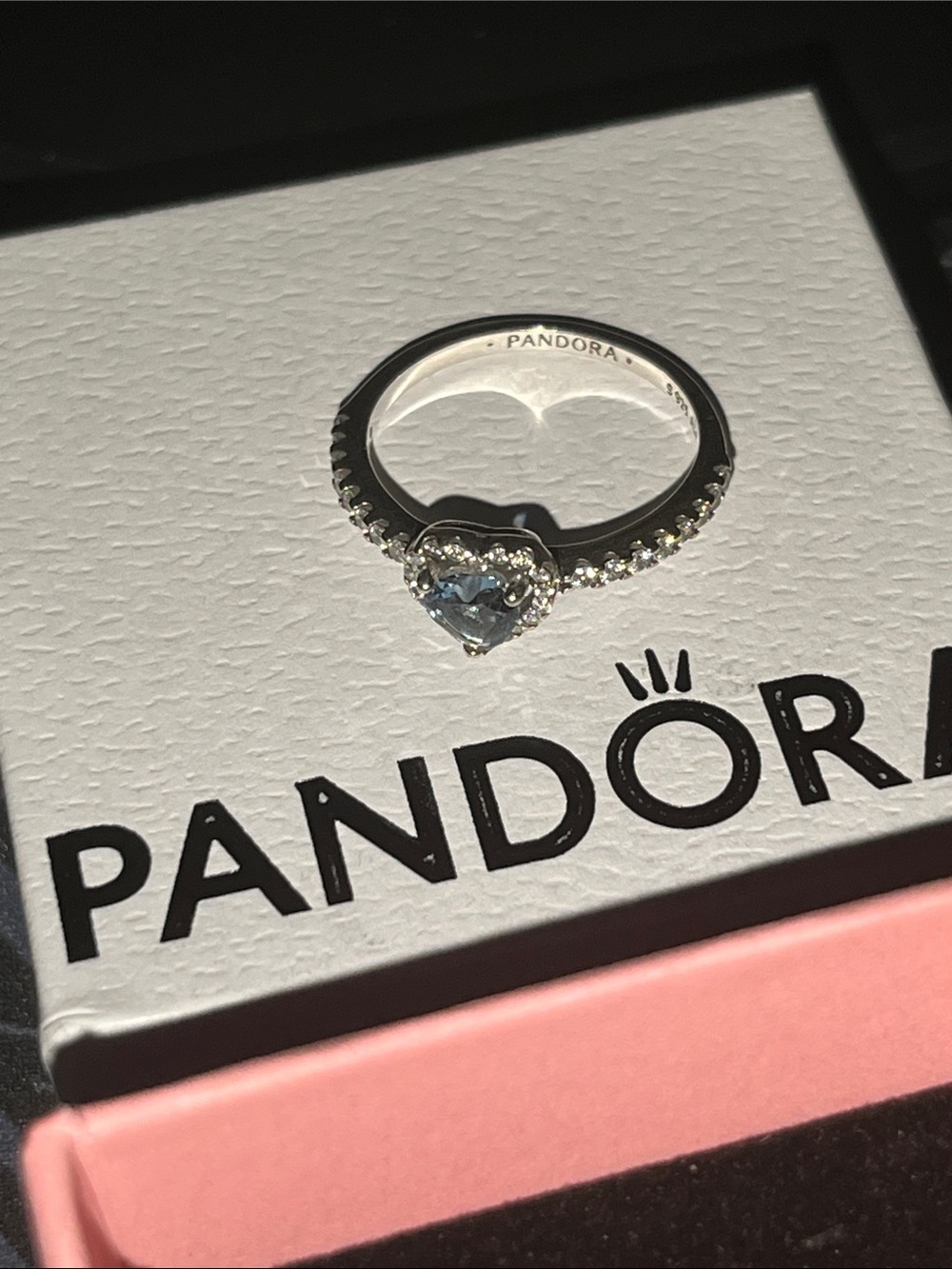 Pandora Silver Heart Ring with Light Blue Center Size 8